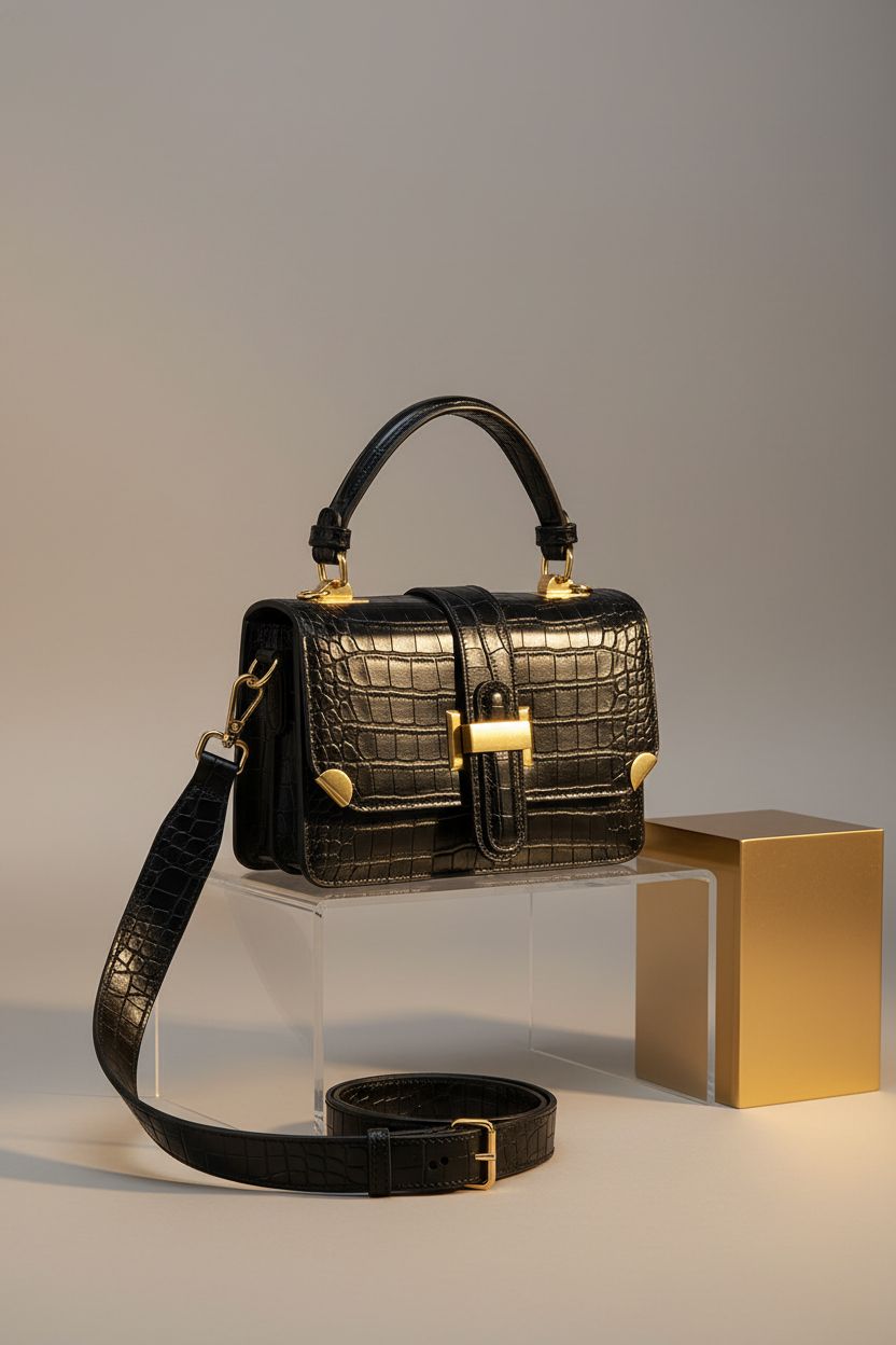 LL LOPPOP black croc-embossed handbag displayed elegantly on an acrylic stand