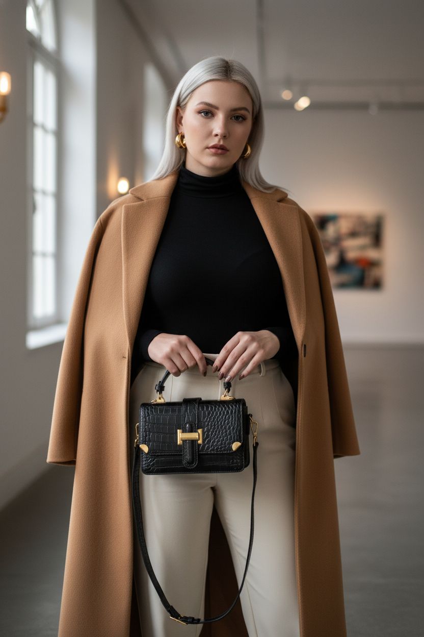 LL LOPPOP designer black croc bag with structured silhouette in a soft-lit gallery setting