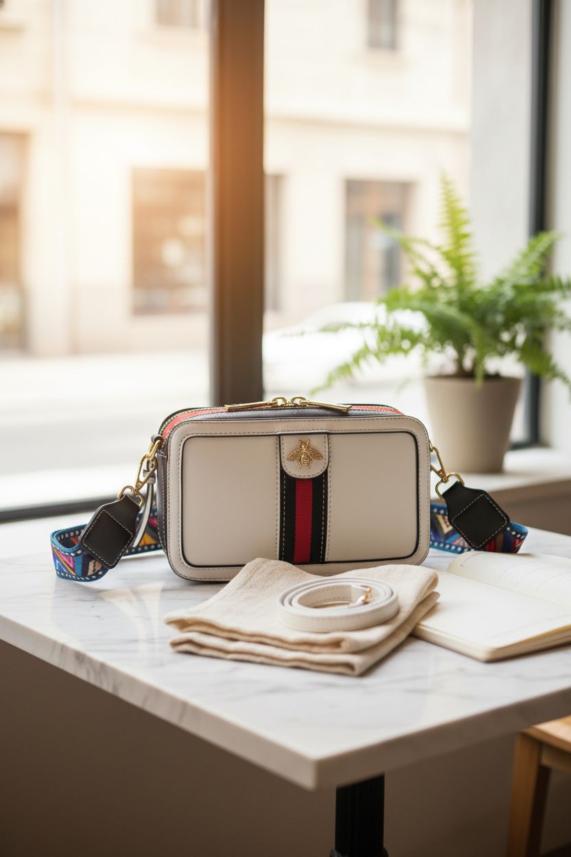 Beatfull crossbody bag resting on a marble table in a cozy café setting