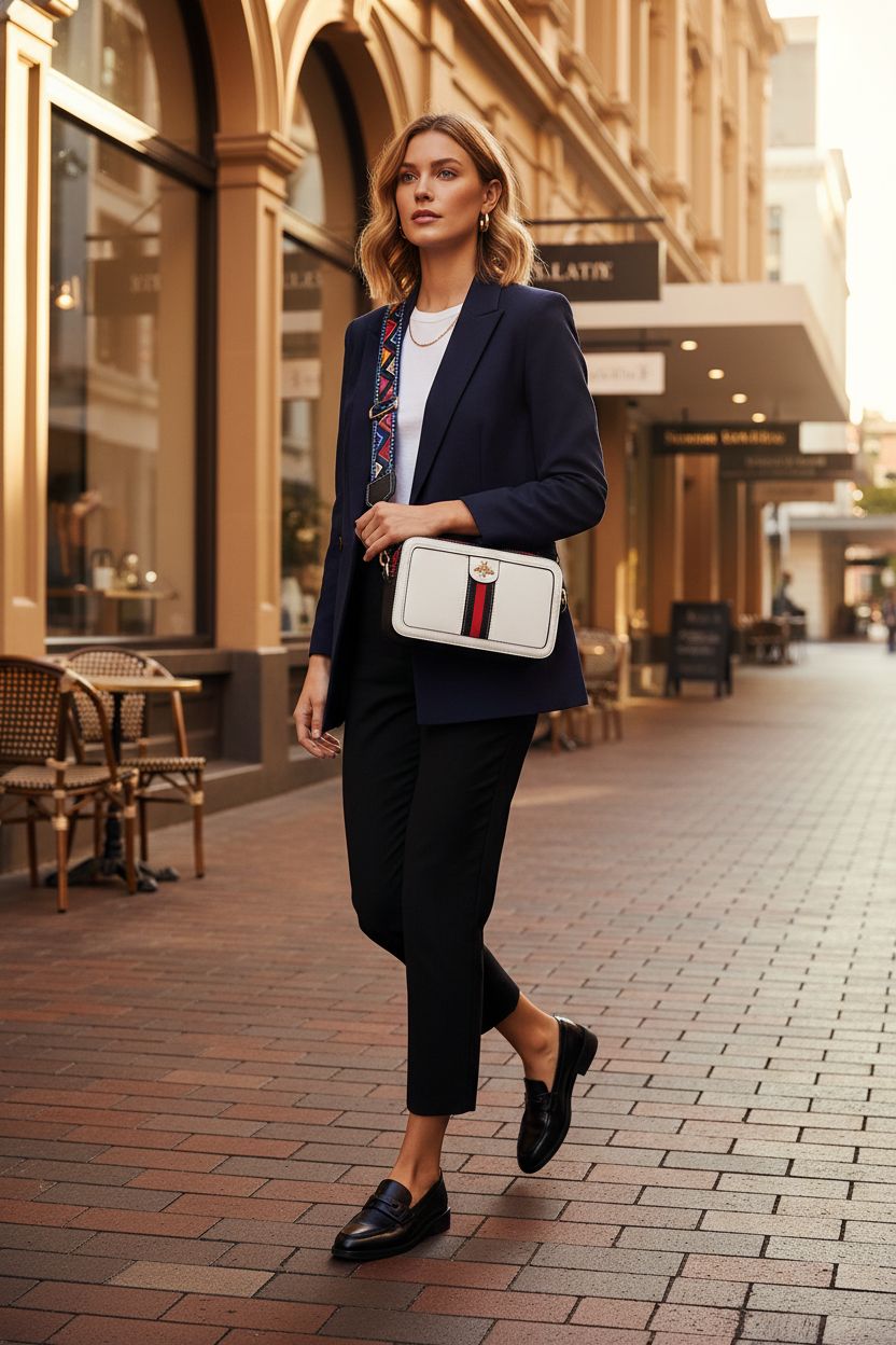 Beatfull designer crossbody bag in white with red and black stripes on a chic sidewalk