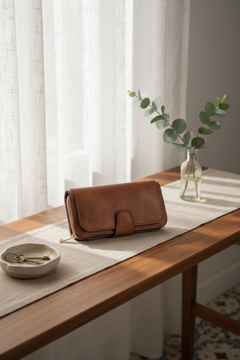 CLUCI brown wallet elegantly placed on a console table, illuminated by morning light