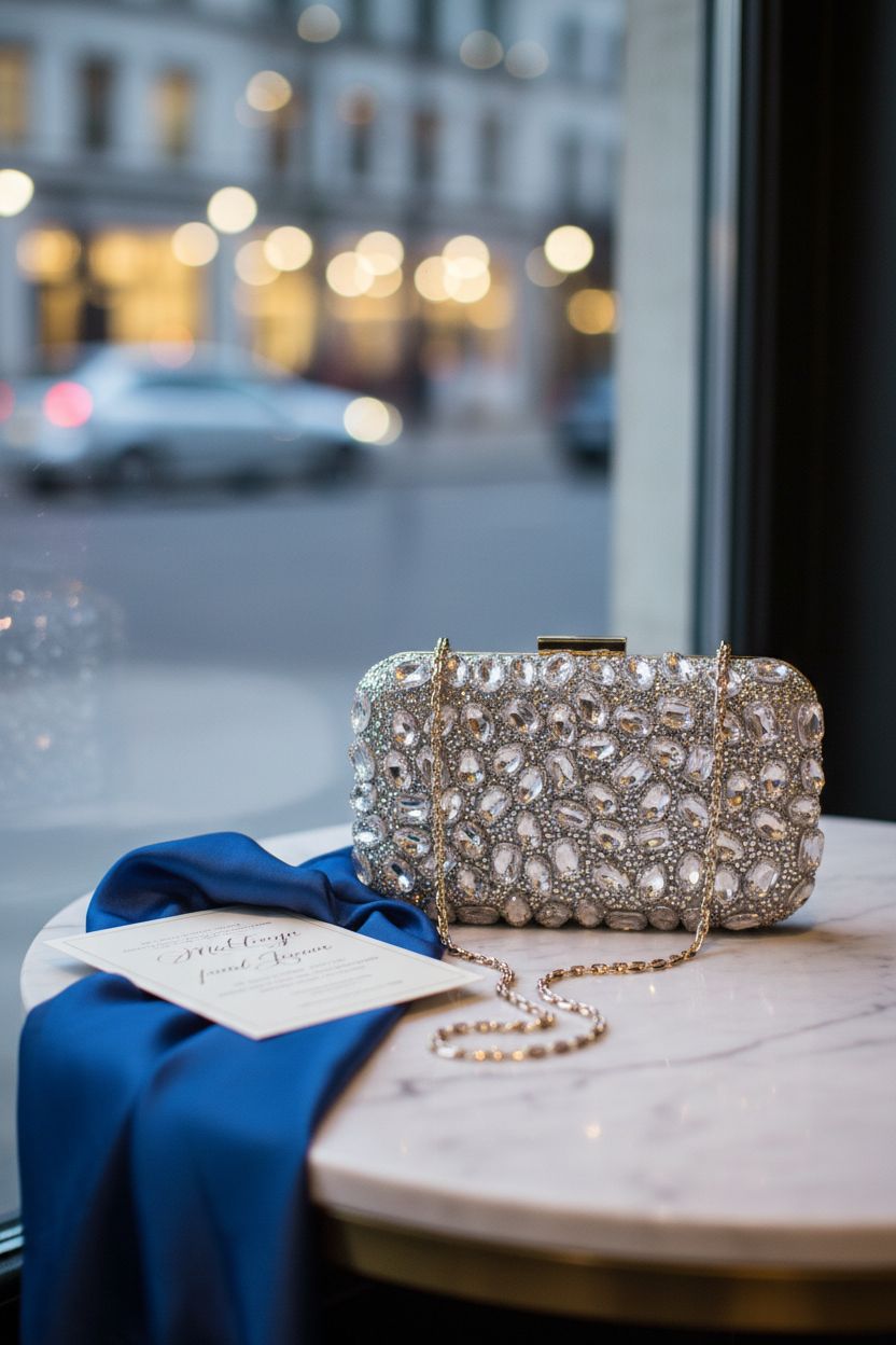 Milisente diamond purse resting on a marble table with a wedding invitation, embodying elegance and style.
