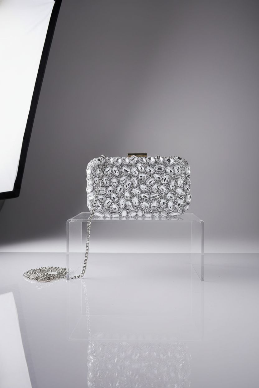 Milisente clutch purse displayed in a studio, showcasing its sparkling crystals and gold hardware.