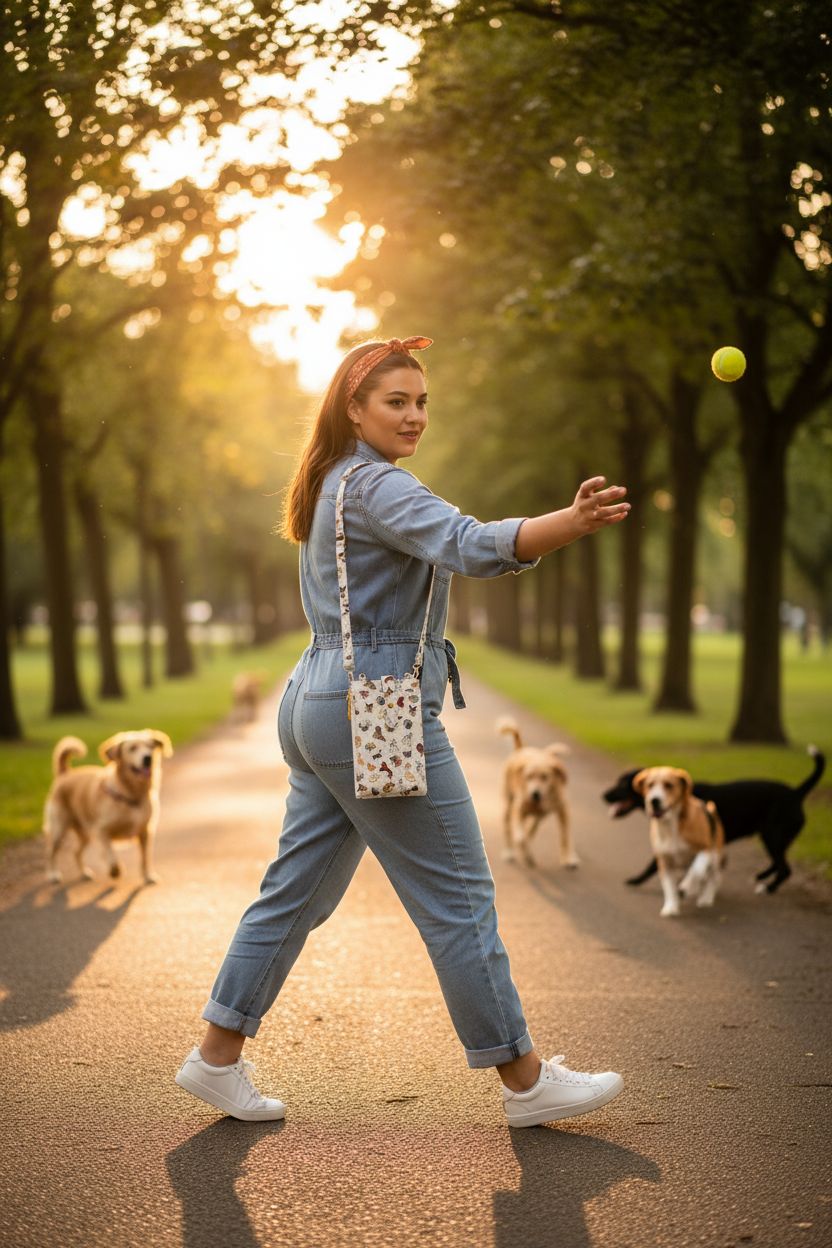 Miss Adola dog print crossbody purse in use at a park, ideal for dog lovers.