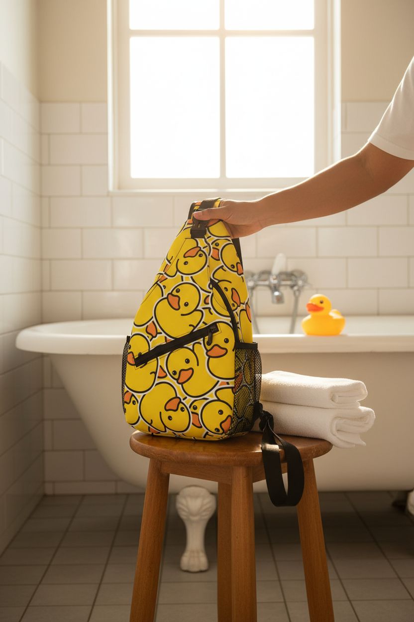 COFEIYISI duck purse displayed in serene bathroom setting, highlighting its playful design and texture.