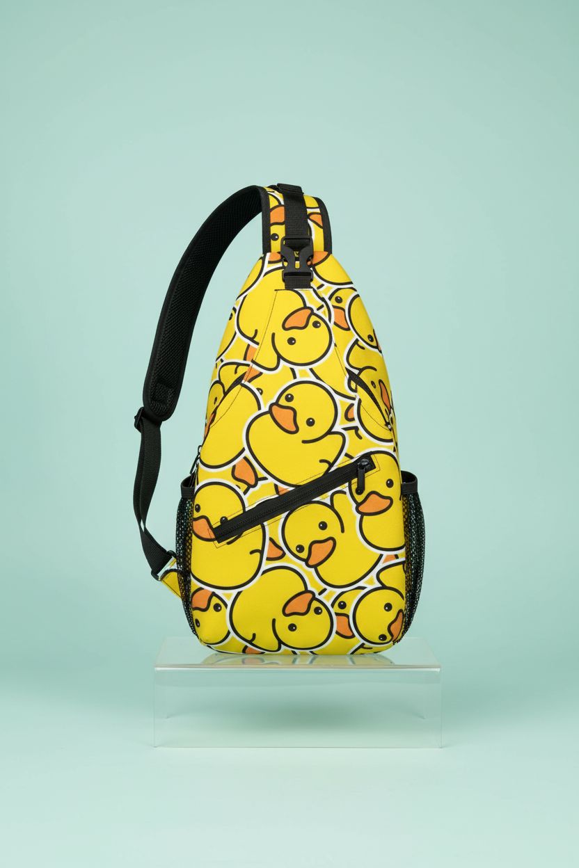 COFEIYISI duck-pattern sling bag showcased on clear riser against pale aqua backdrop, emphasizing design.