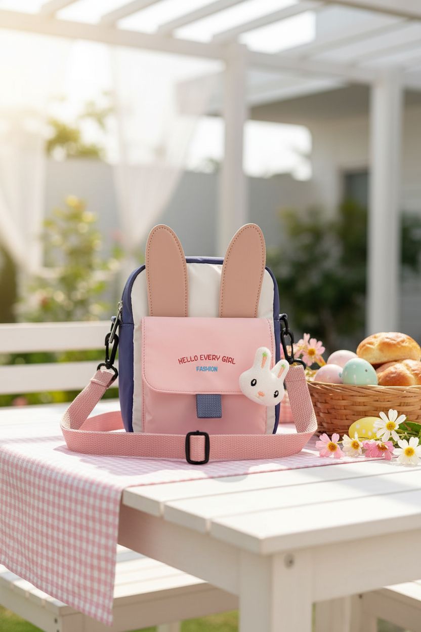 Hiflyer Bunny Bag among spring brunch decor, highlighting its pastel charm and nylon texture.