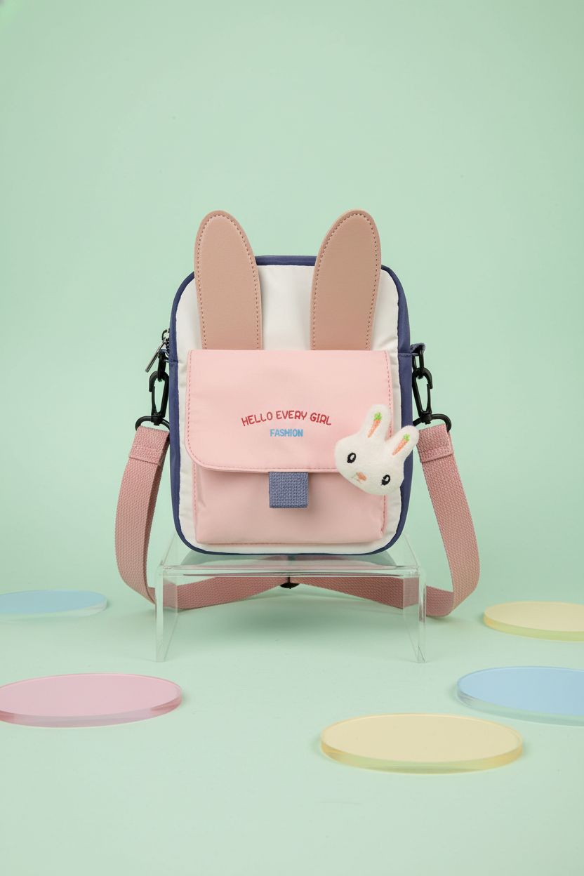 Hiflyer Bunny Bag displayed in studio, showcasing its pink nylon and cute design details.