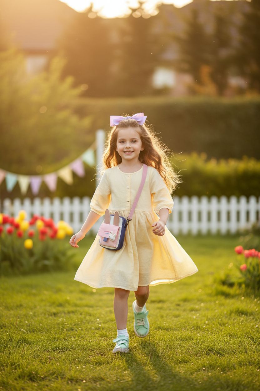 Hiflyer Bunny Bag in pink, perfect for Easter, bouncing crossbody in a garden setting.