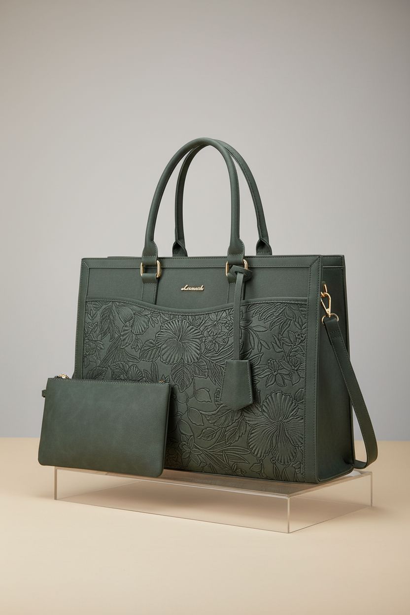 LOVEVOOK embossed tote bag displayed on a studio set, highlighting its premium quality.