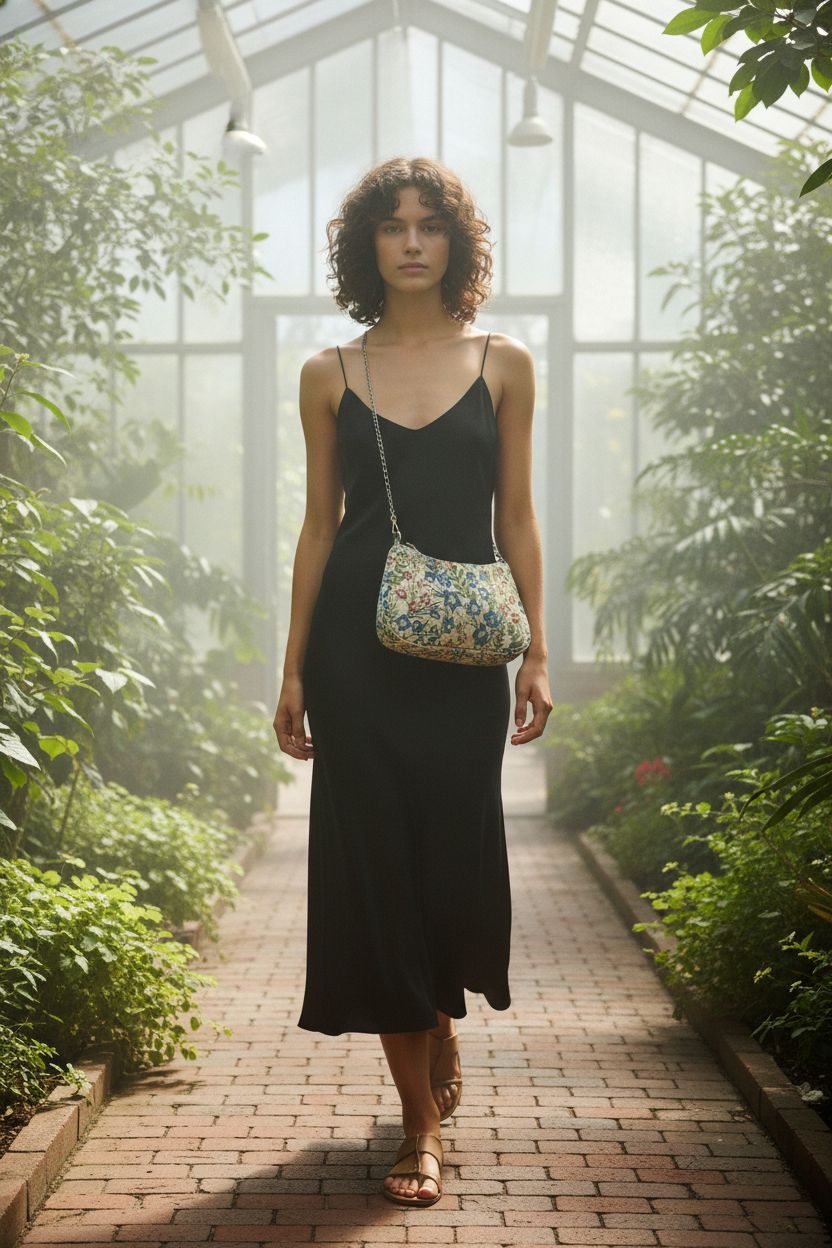 Multicolor floral purse by Verdusa, perfectly paired with a black midi dress in a sunlit greenhouse.