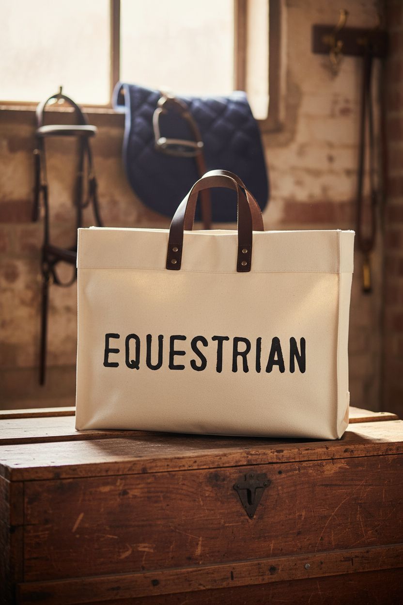 Santa Barbara Design Studio equestrian tote bag on a wood tack trunk, showcasing canvas texture and leather details.