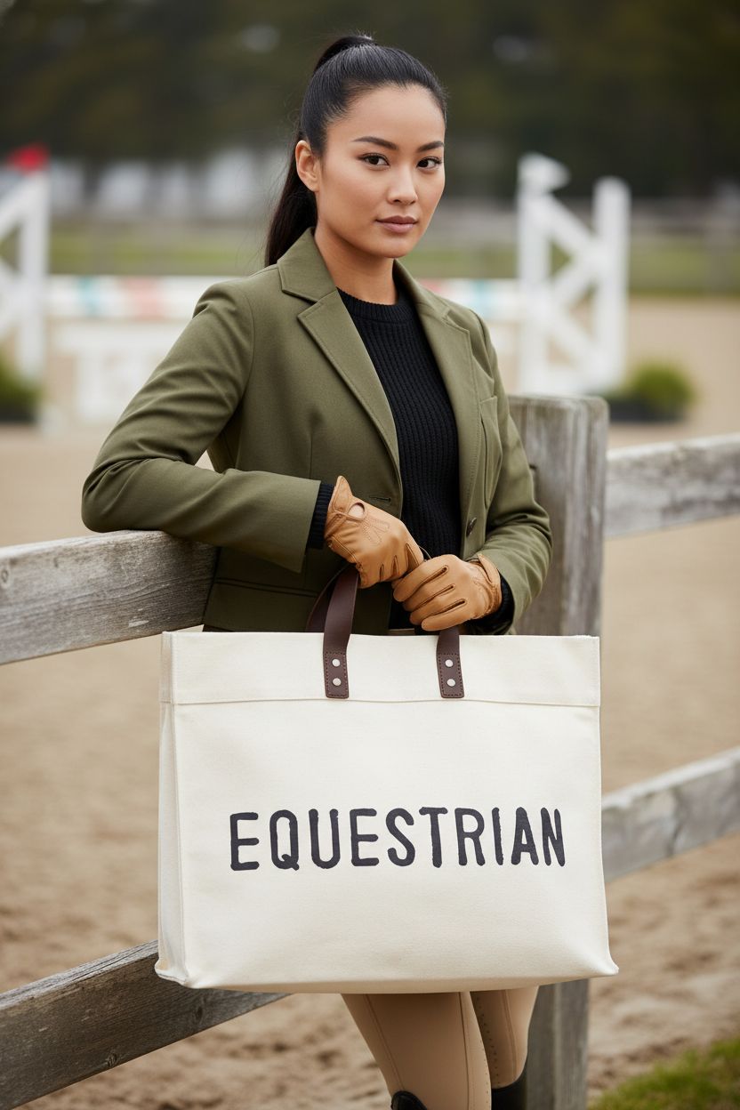 Santa Barbara Design Studio equestrian tote bag in cream canvas with leather handles, styled against an olive field jacket.