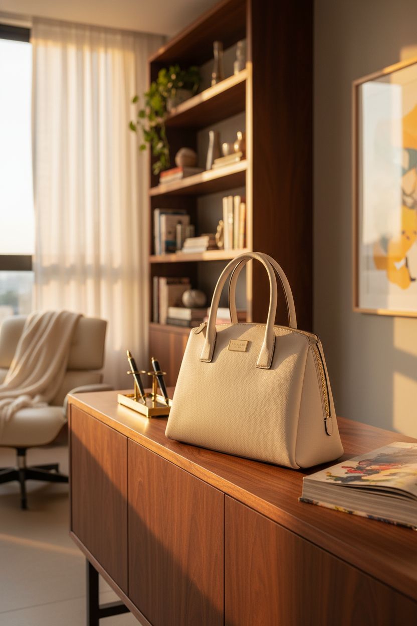 Kate Spade New York Serena Saffiano Leather Satchel in a stylish home office setting with warm afternoon light