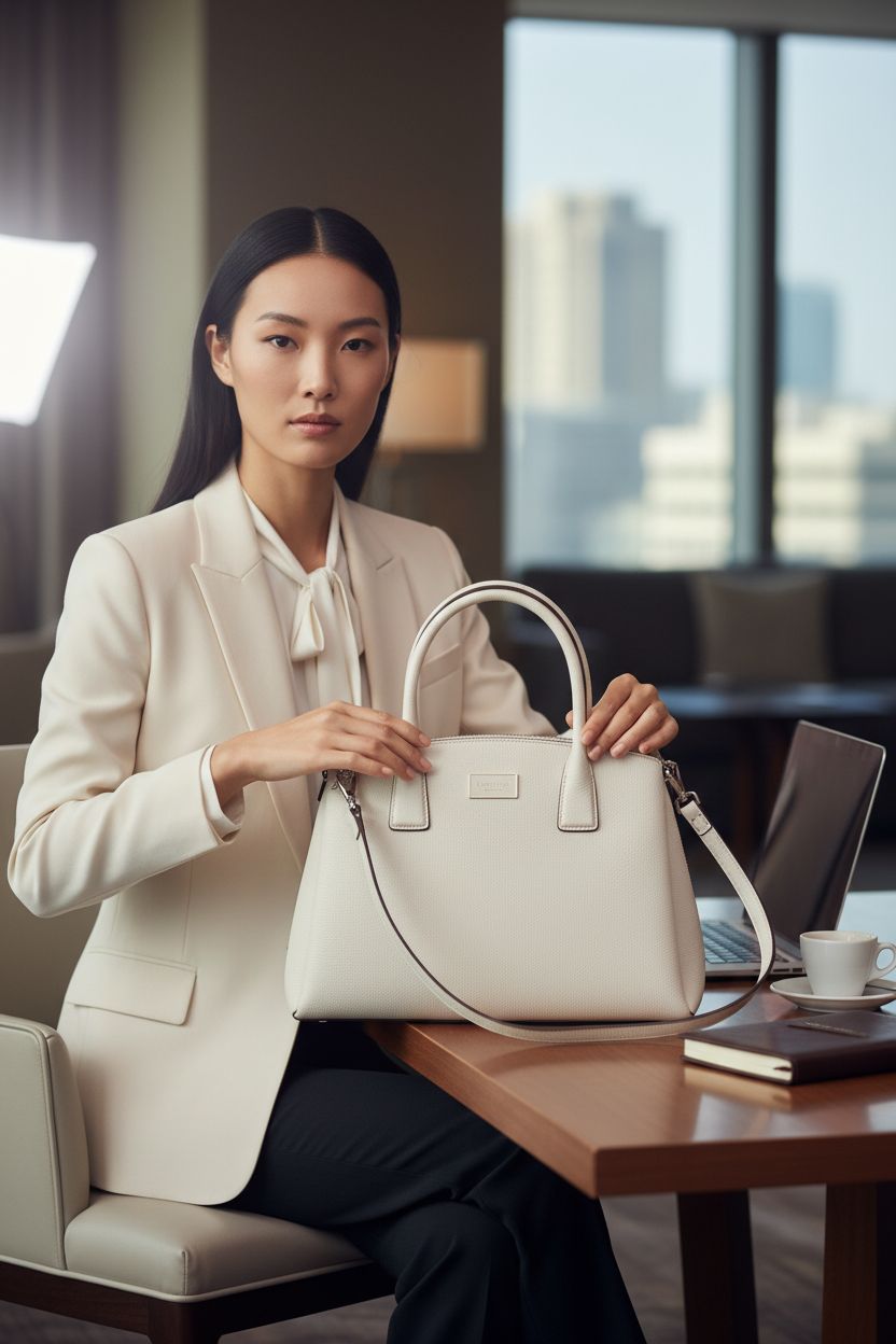 Kate Spade New York Serena Saffiano Leather Satchel in Parchment on a walnut table in an executive lounge