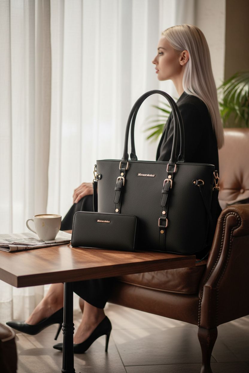 Montana West extra-large tote and satchel set in a cozy café, perfect for casual outings