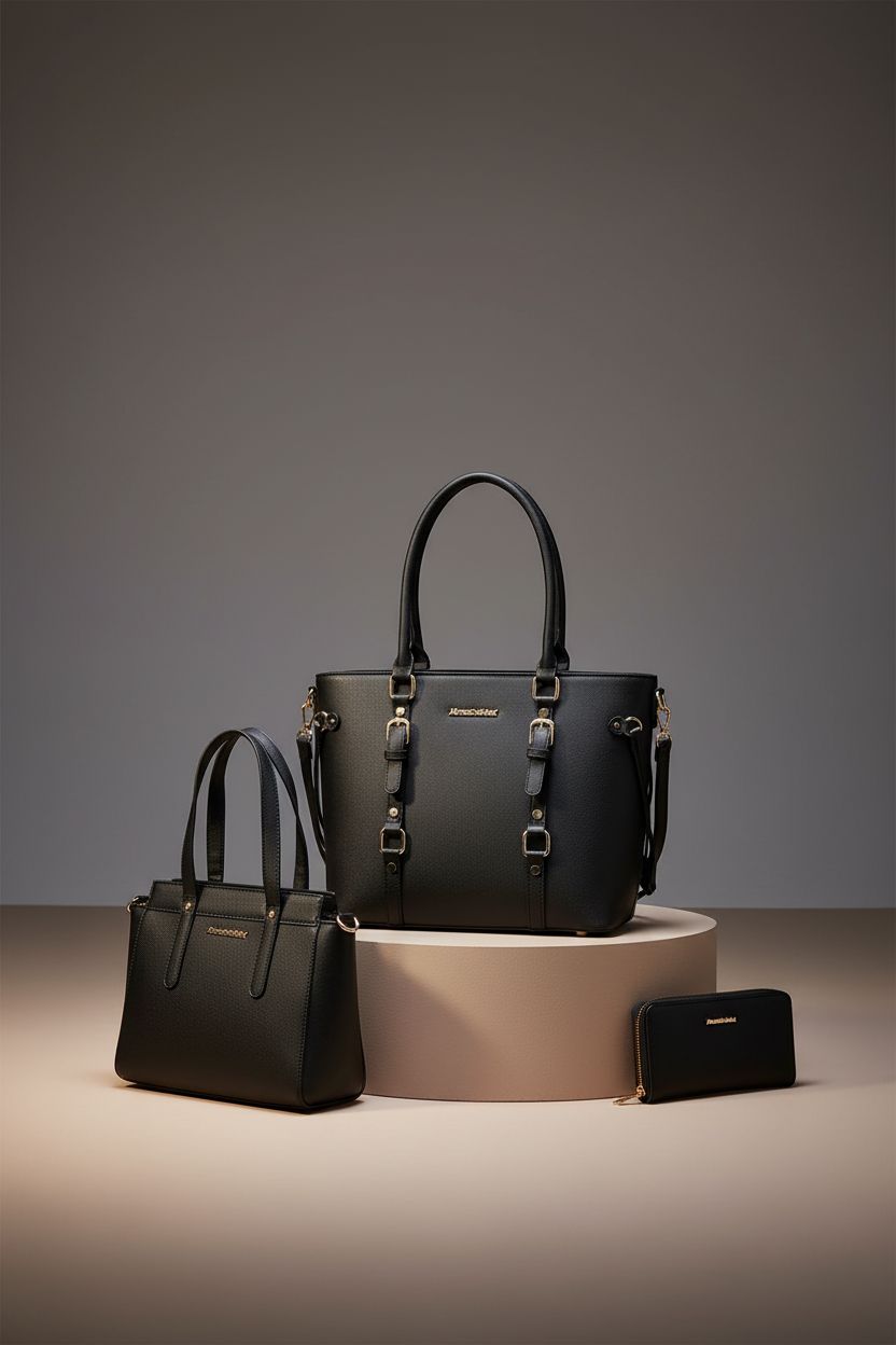 Montana West 3PCS purse set featuring a structured tote, satchel, and wallet on a sleek display