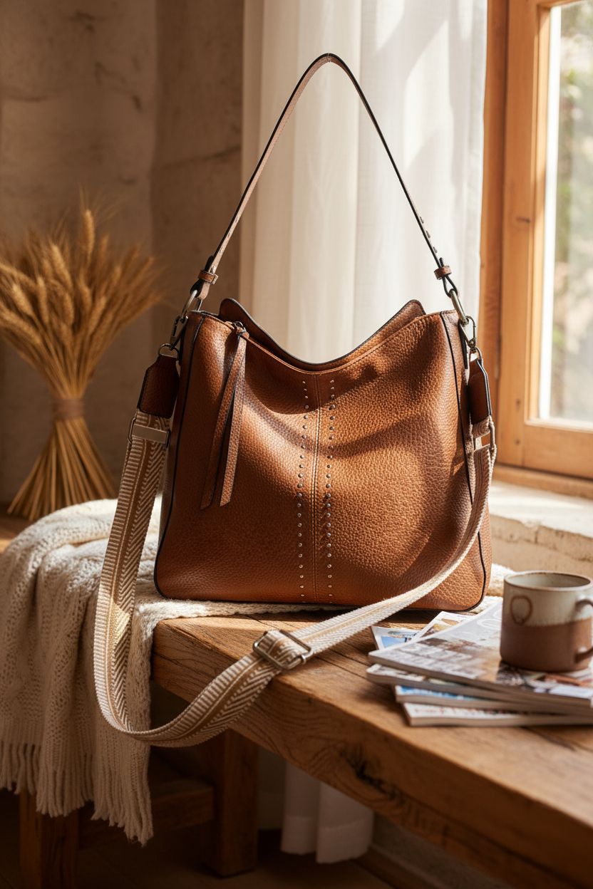 Montana West cognac hobo bag on a rustic bench with autumn decor and a warm ambiance