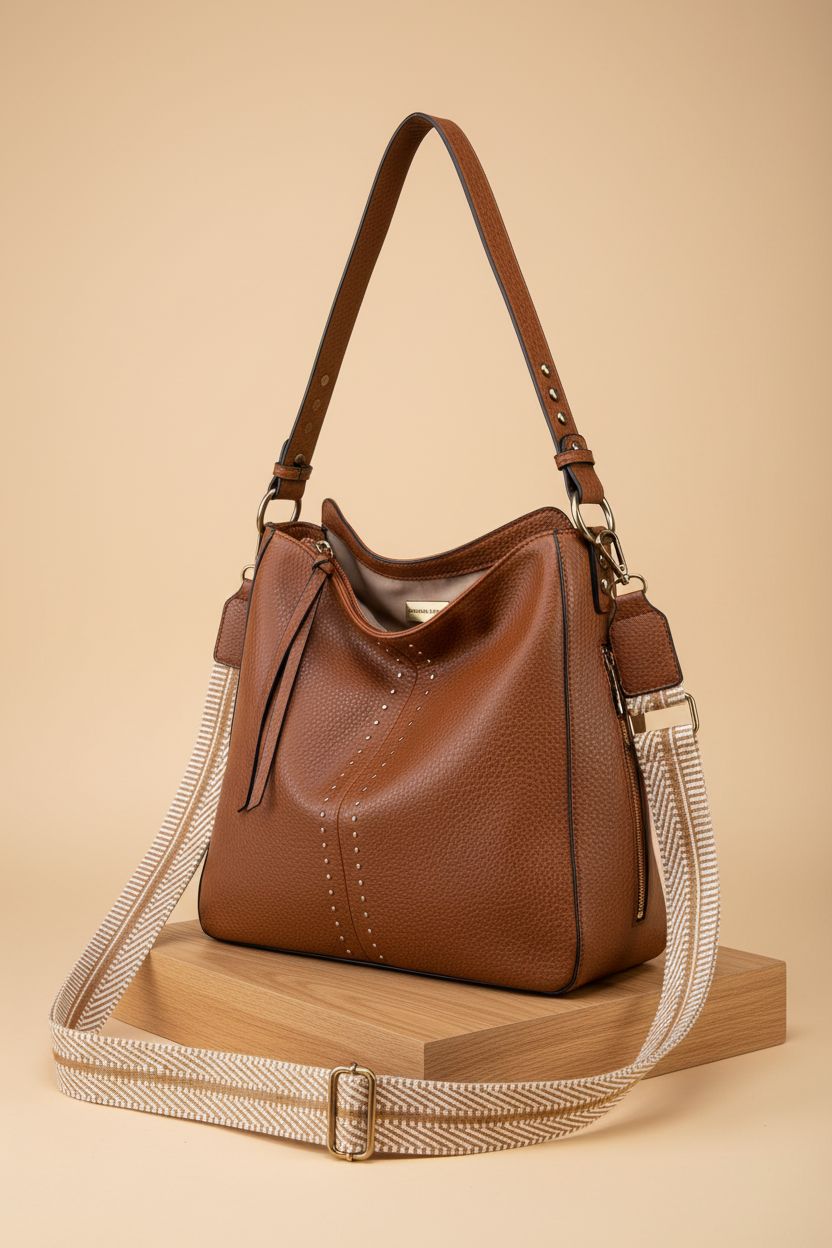 Montana West cognac hobo bag displayed on a minimal backdrop showcasing vegan leather