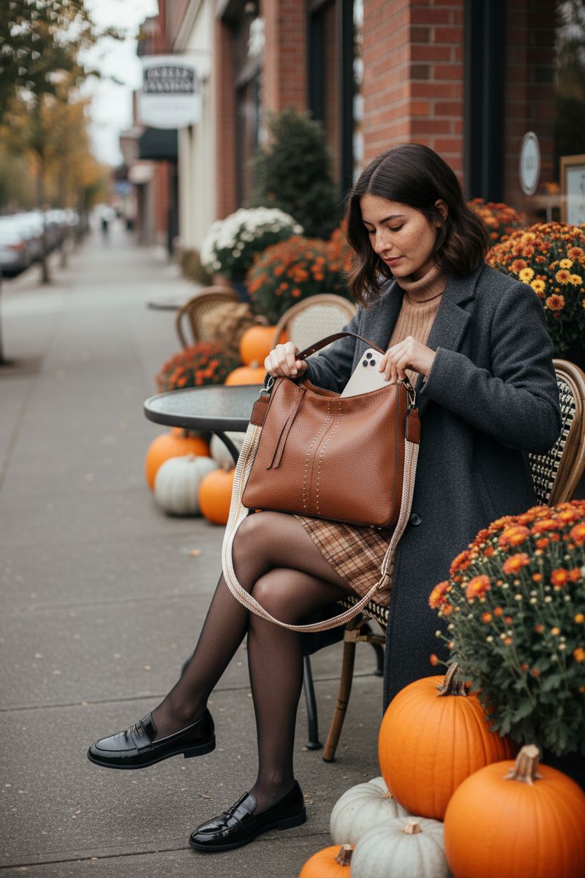 Montana West cognac hobo bag with tassel on a bistro table surrounded by fall decor