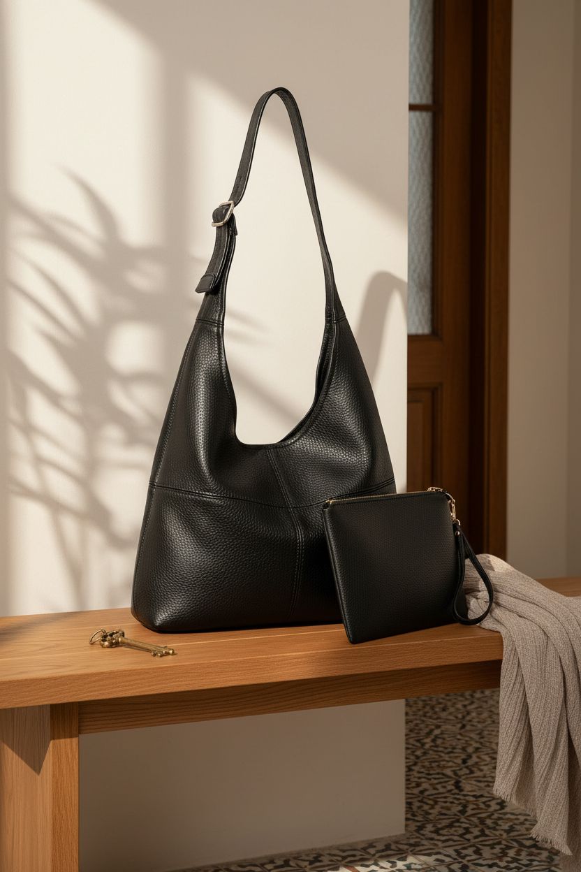 Montana West faux leather hobo bag resting on an oak bench, emphasizing its relaxed style and quality.