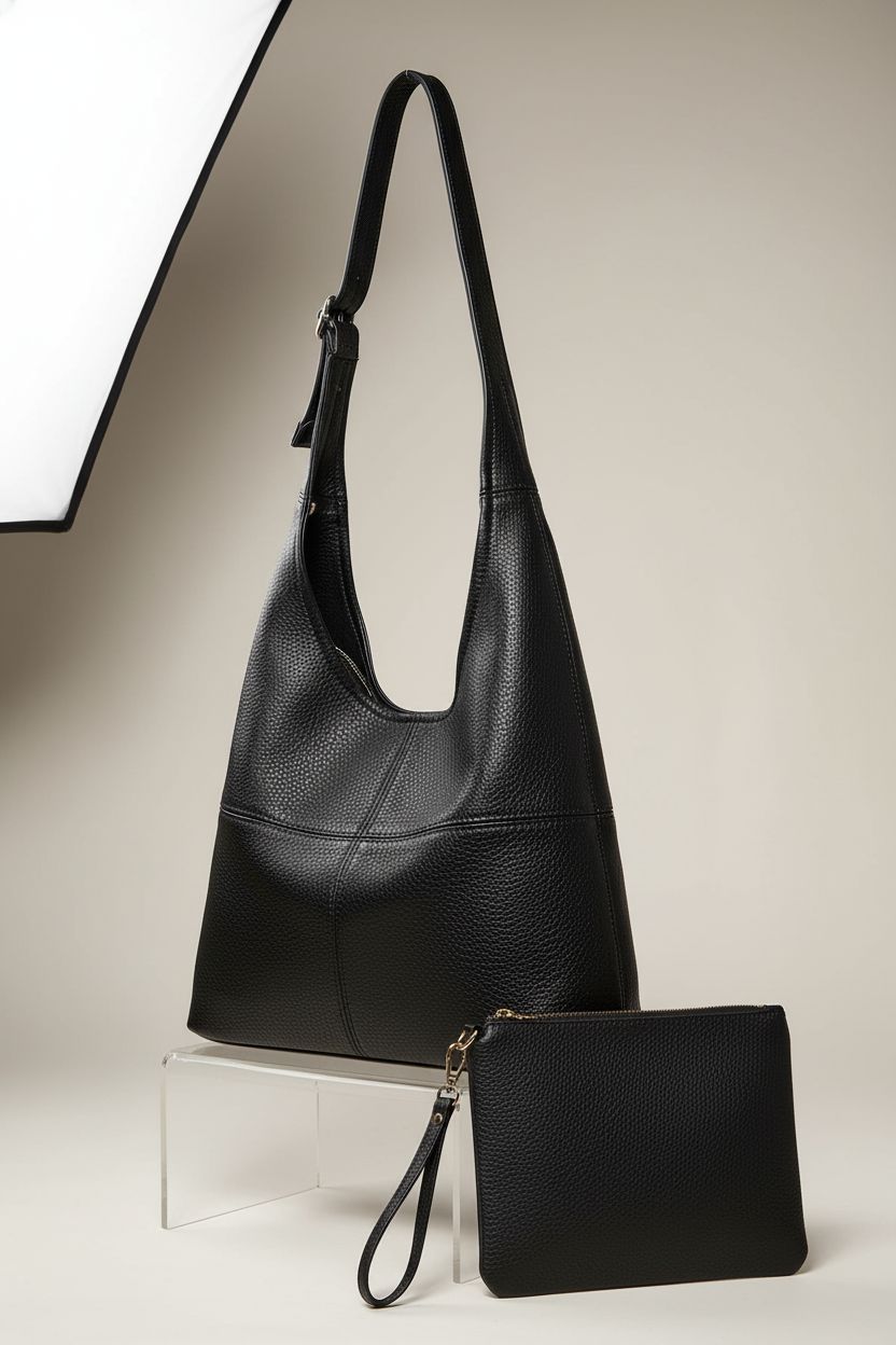 Montana West faux leather hobo bag and coin pouch on a display, showcasing detailed craftsmanship and design.