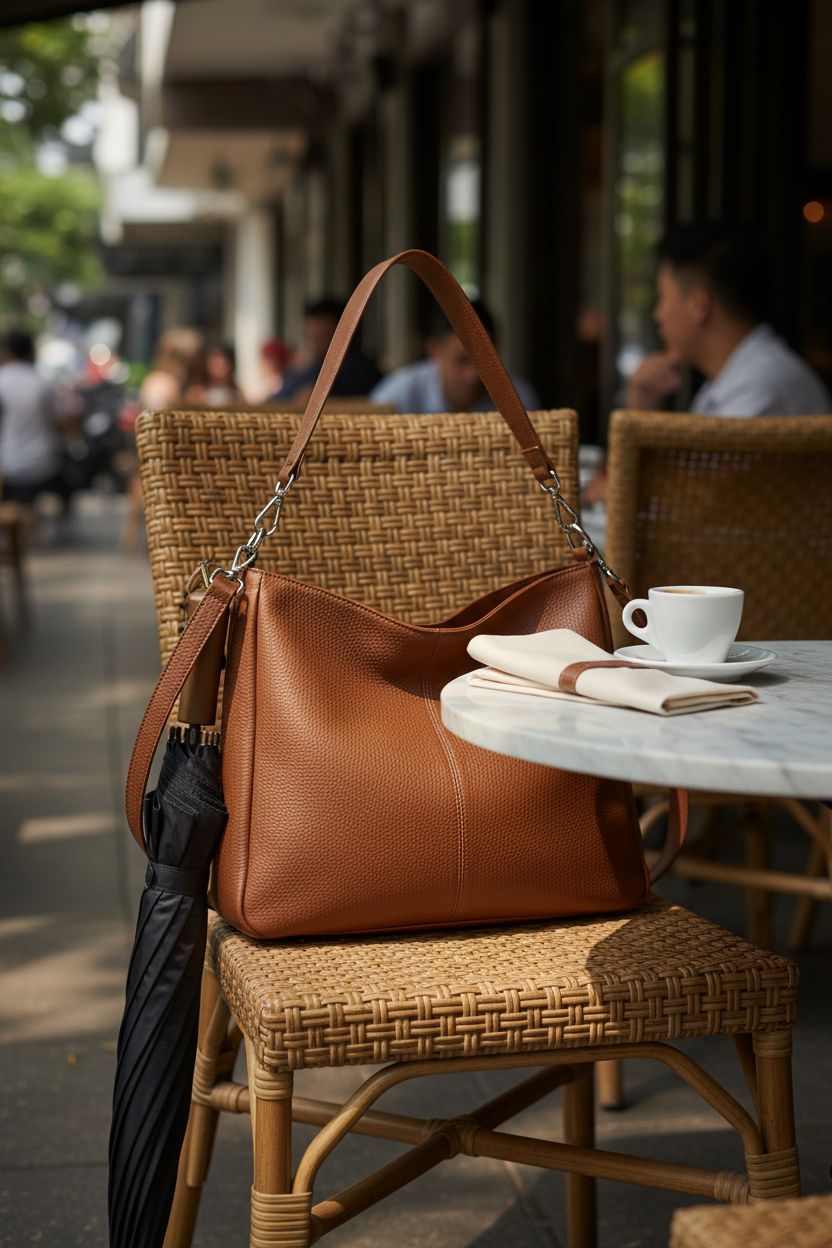 Befen cognac hobo bag on a cafe terrace, hinting at travel and style