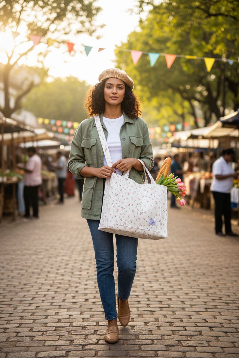 BINUSNS pink floral corduroy tote bag styled with tulips and a baguette at a market