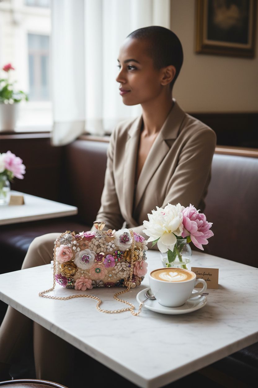 Lanpet floral purse resting on a marble table in a cozy café, creating a serene morning vibe.
