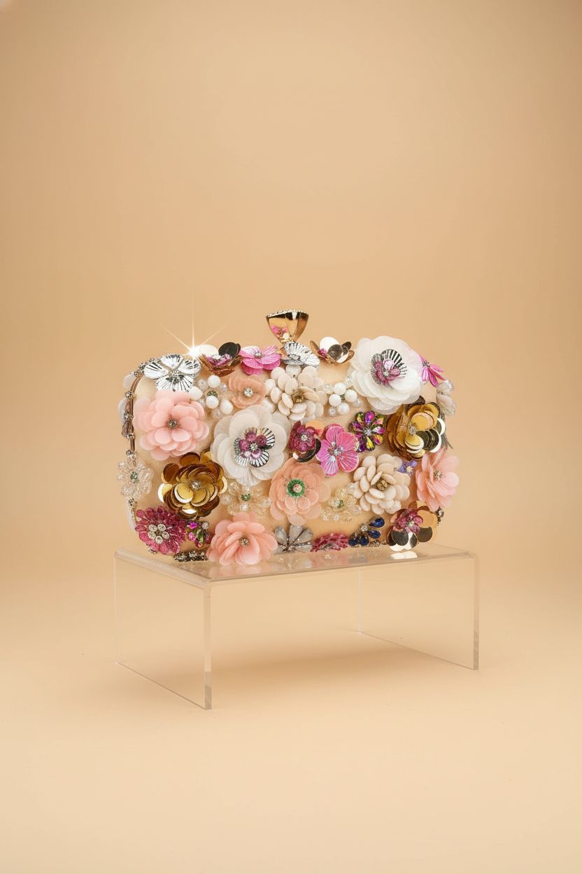 Detailed view of Lanpet floral purse showcasing its elegant design and gold clasp.