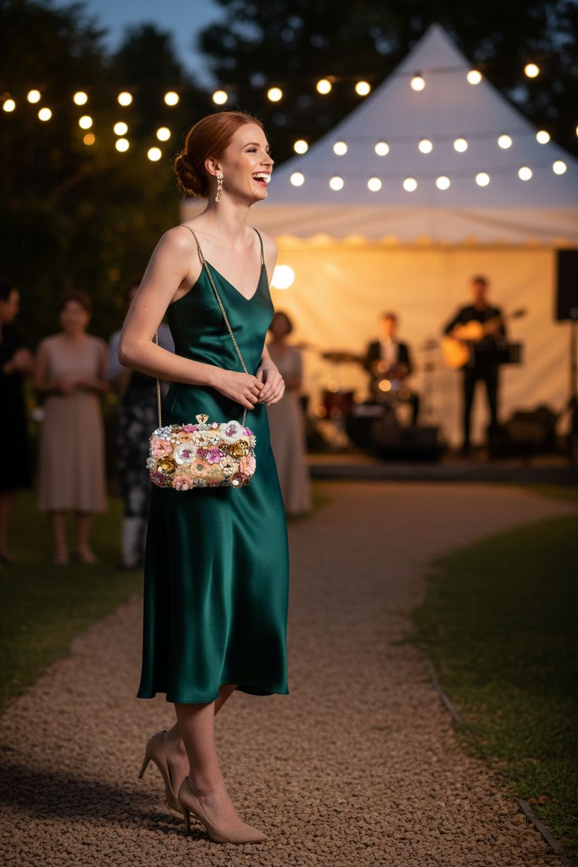 Lanpet floral purse with gold chain in a twilight garden setting, perfect for evening events.