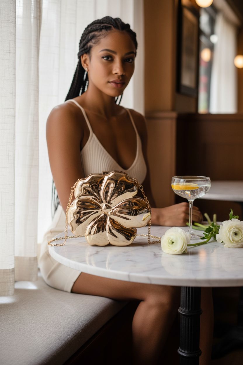 WuDiaoer gold flower clutch resting in a cozy café, showcasing its chic design and metallic finish.