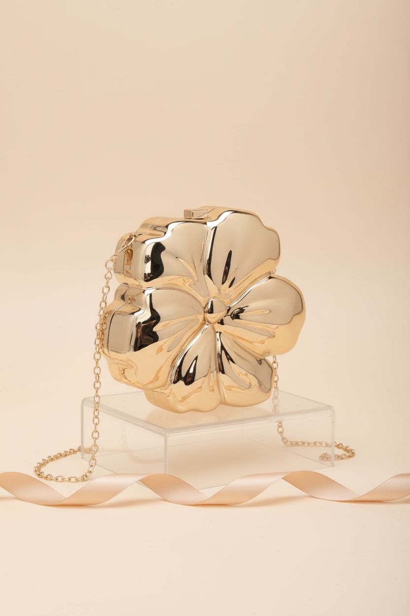 WuDiaoer gold flower clutch bag with stunning petal design, perfect for accessorizing any outfit.