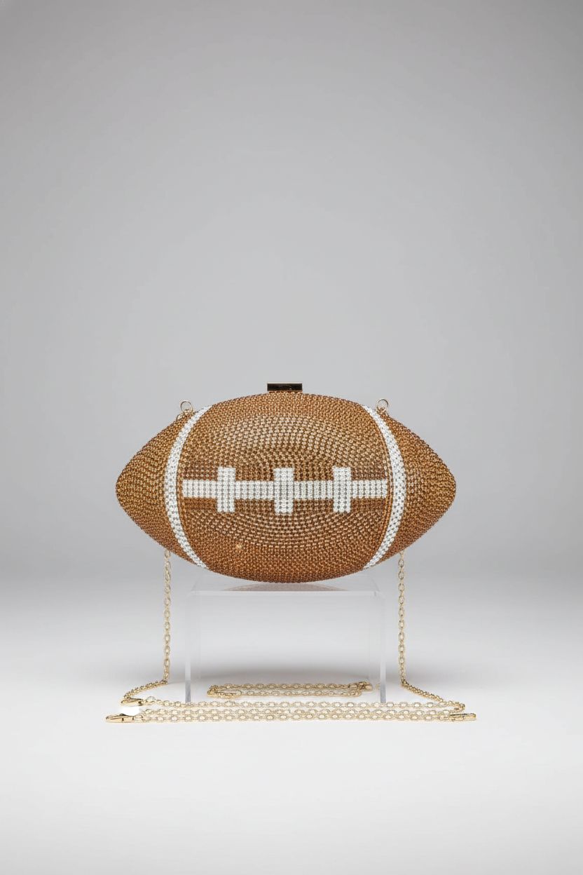 Evevictor rhinestone football purse displayed on a clear stand, showcasing its elegant design