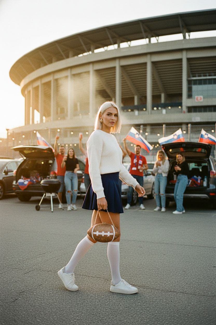 Evevictor rhinestone football purse being swung at a tailgate, showcasing its bling design