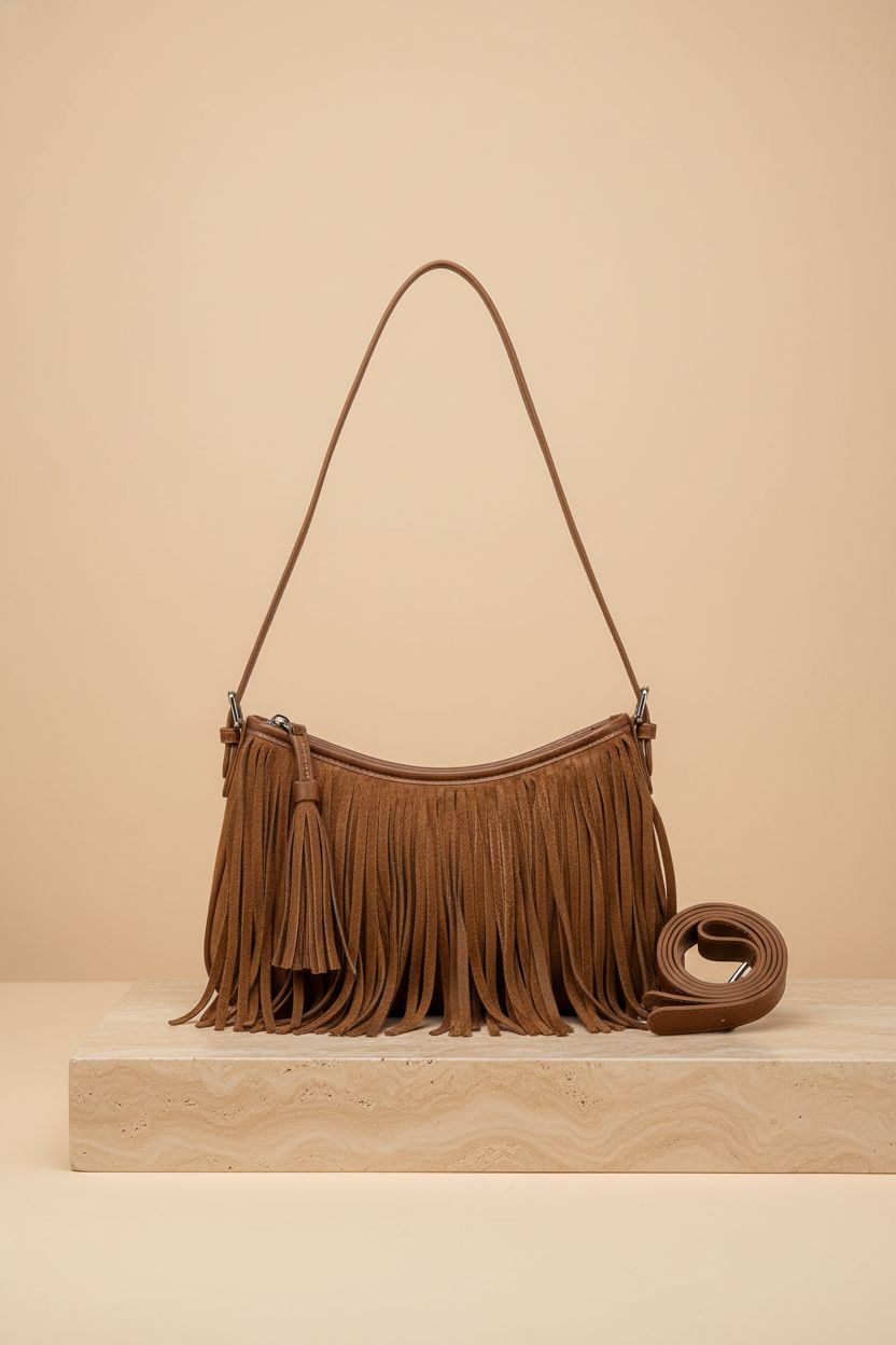 Dora & Liz brown suede fringe purse displayed elegantly, showcasing its design and craftsmanship.