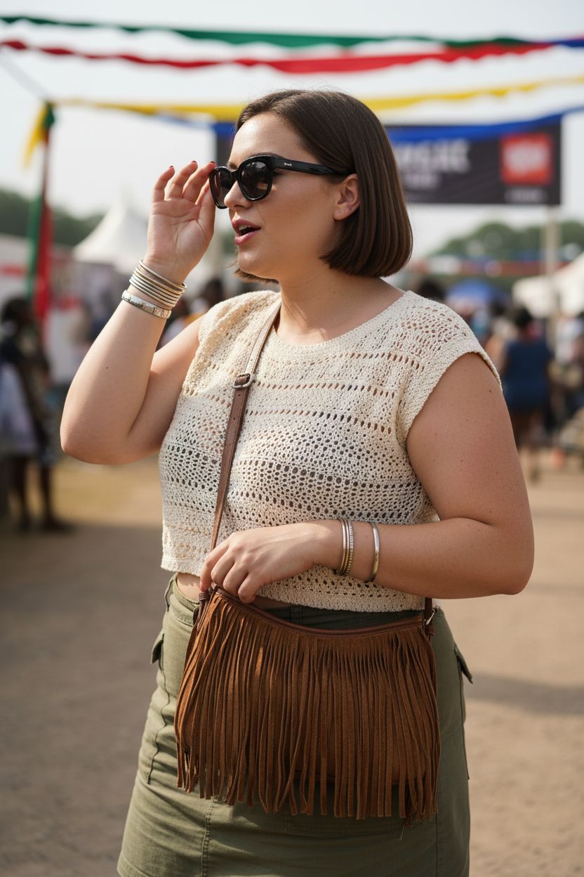Dora & Liz brown suede crossbody purse with zipper detail, perfect for festivals.