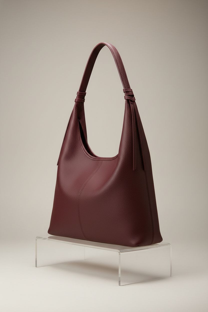 Befen full grain leather hobo purse in burgundy against a soft gray backdrop, highlighting craftsmanship.