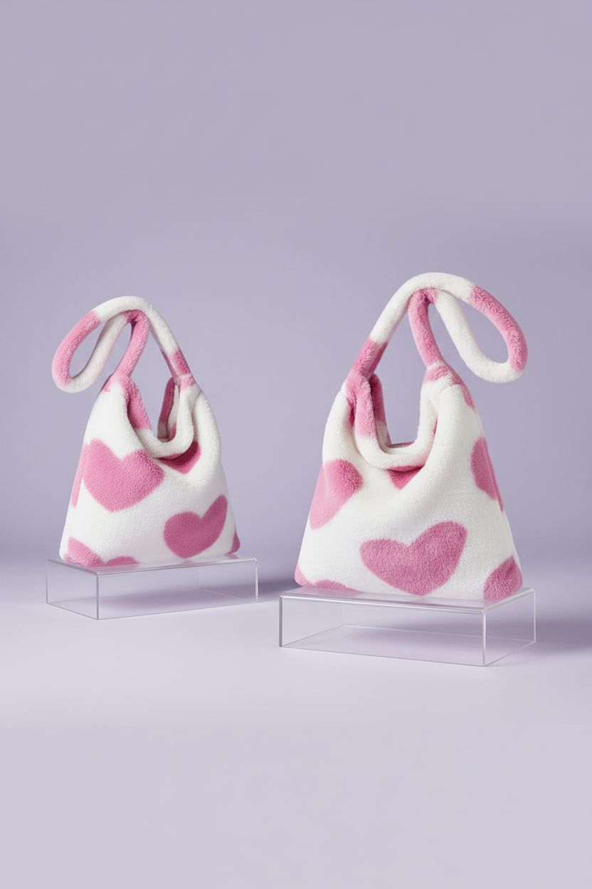 Weewooday white and pink fuzzy tote bag on a pastel background, showcasing its stylish design.