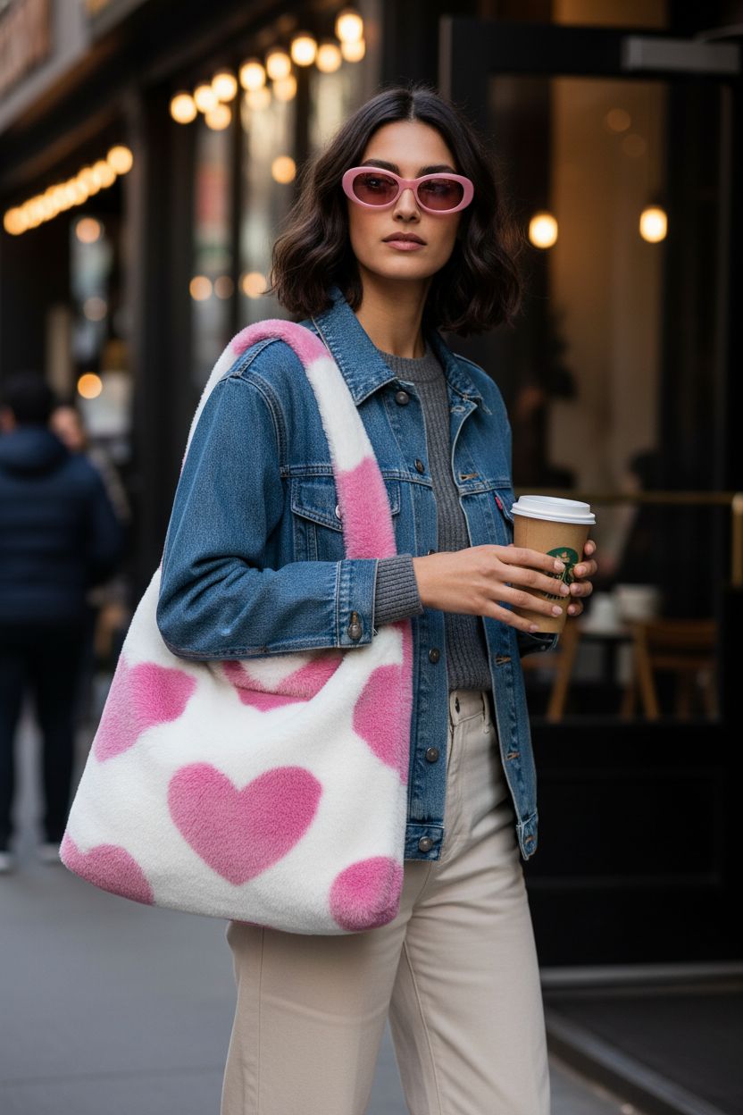 Fluffy shoulder tote bag by Weewooday in white and pink, styled with casual attire.