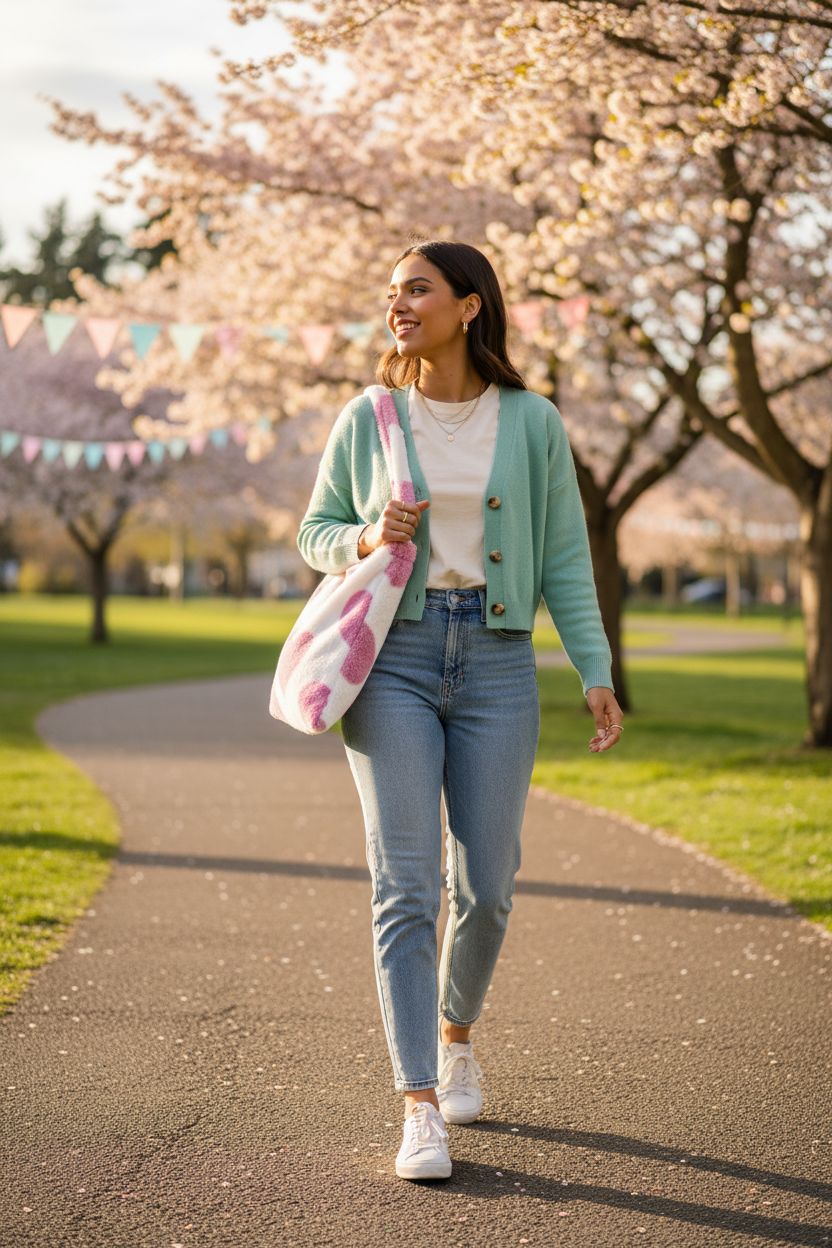 Weewooday fluffy tote bag in a park setting, perfect for spring outings.
