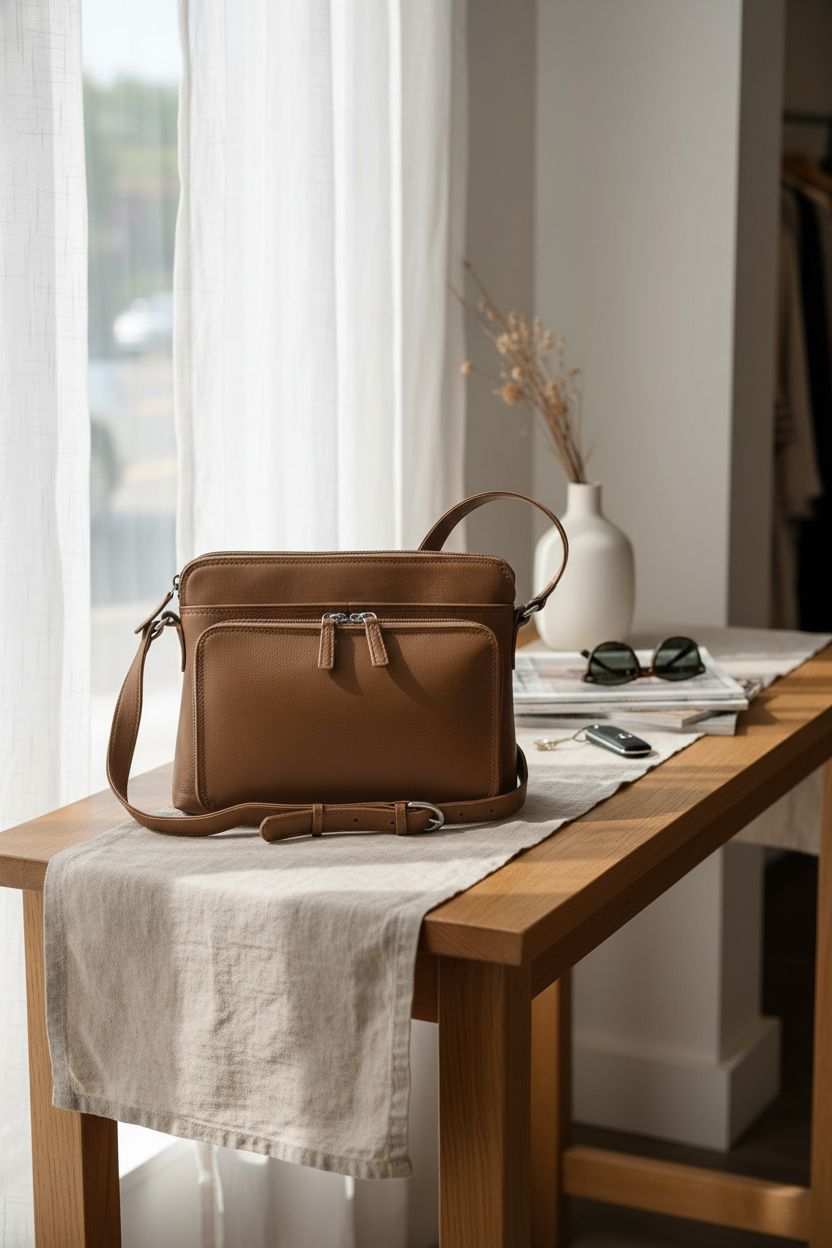 ili New York leather bag displayed elegantly on a console with fashion magazines and decor