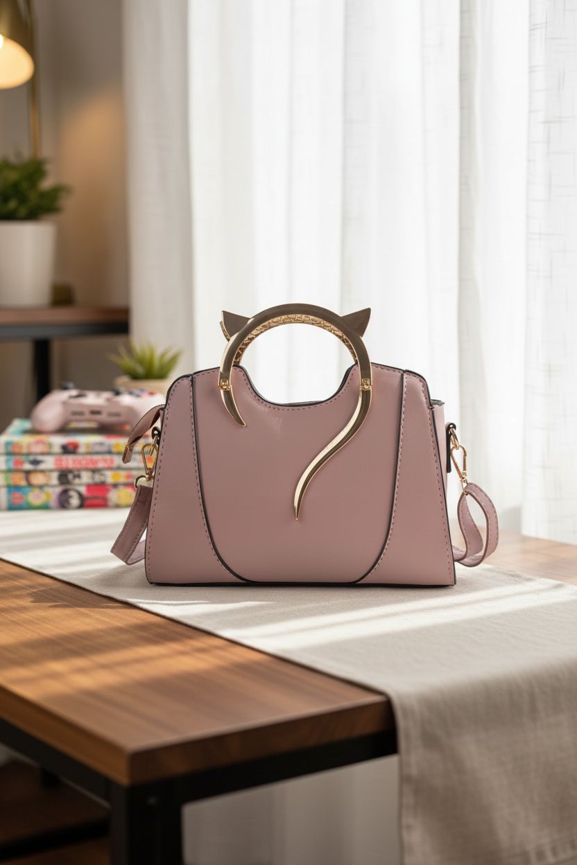 QZUnique cat-ear bag on a walnut desk, surrounded by manga and soft sunlight, ideal for cozy spaces.