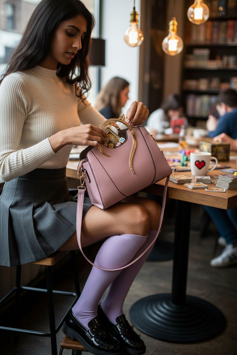 QZUnique cat purse in mauve at board-game café, showcasing PU leather and gold cat handle.