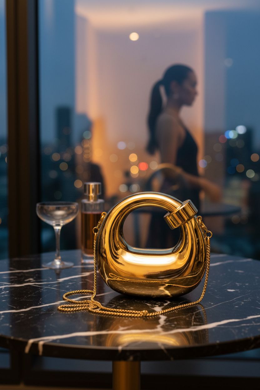 Mirror-gold QWINEE purse on black marble, a luxurious mini evening bag with chain detail.