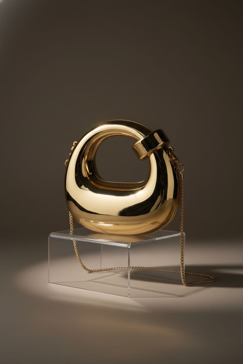 Polished QWINEE gold purse on an acrylic pedestal, showcasing its elegant design and features.