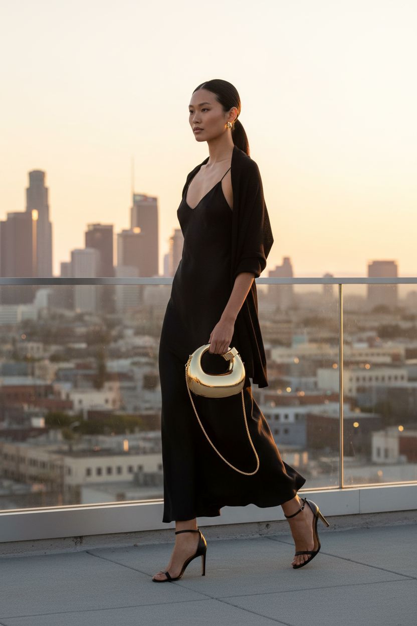 QWINEE metallic gold purse on a rooftop at sunset, a chic evening clutch with chain detail.