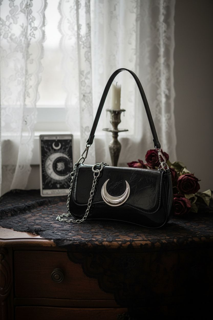 Sunwel Fashion moon purse showcased on a gothic vanity with dark decor.