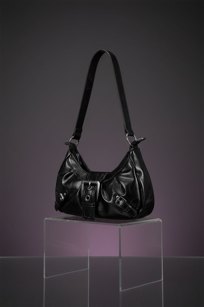 Product shot of JATEBI black gothic purse, emphasizing faux leather and Y2K silhouette.