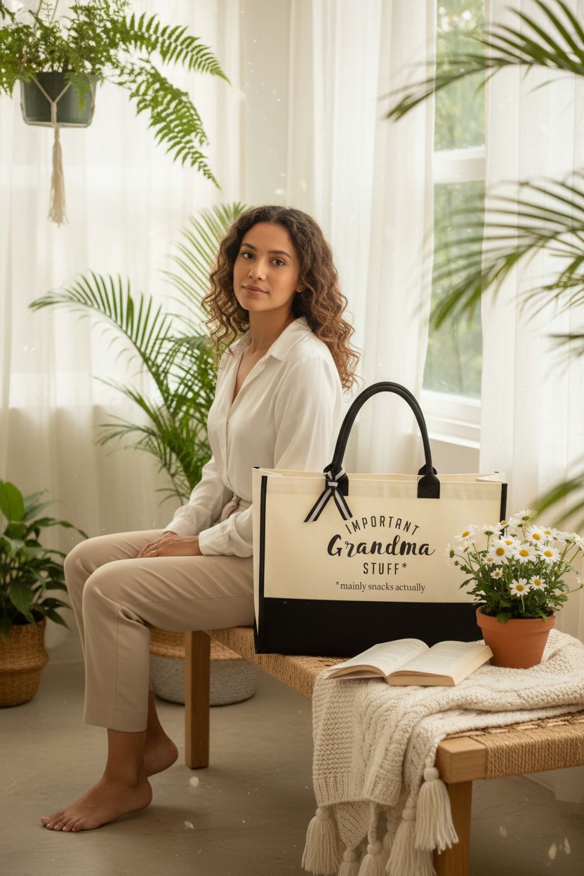 FORBIDDEN PAPER Grandma Tote Bag in a sunroom, ideal for relaxing moments.
